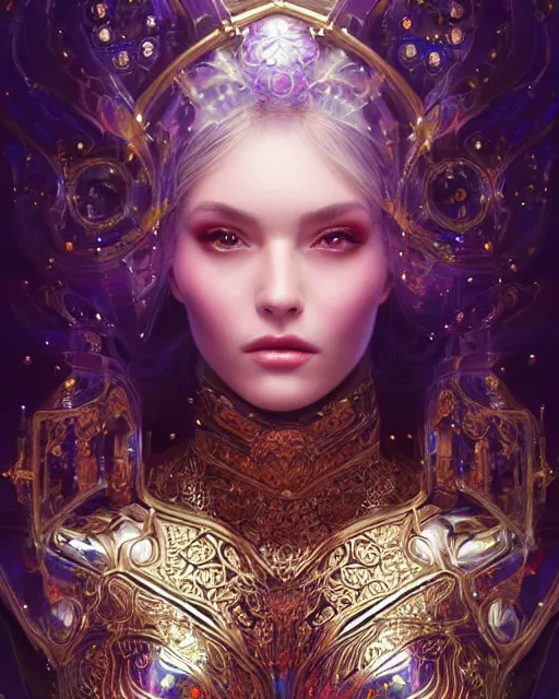 Image similar to a beautiful woman wearing shiny plastic armor inside an ornate bottle of iridescent liquid, alchemy, intricate, bloom, detailed, volumetric lighting, sharp focus, photorealism, digital painting, highly detailed, concept art, by by artgerm and wlop