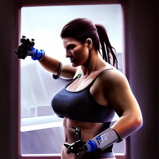 Image similar to beautiful digital painting of gina carano with a robotic arm, cyberpunk, highly detailed, hyperrealism, concept art