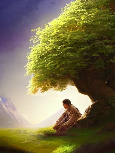 Prompt: a grumphy man, meditating under a bodhi tree. intricate, elegant, highly detailed, digital painting, artstation, concept art, sharp focus, illustration, by justin gerard and artgerm, 8 k