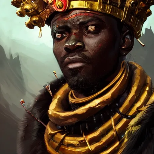 Image similar to a dark and ominous african moor with black eyes and a golden crown with a ruby, Apex Legends character digital illustration portrait design, by android jones and greg rutkowski, detailed, cinematic lighting, wide angle action dynamic portrait