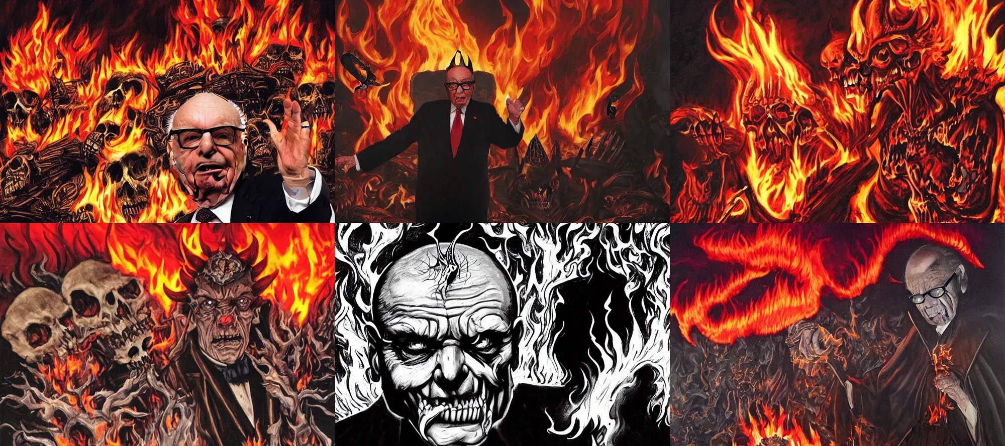 Prompt: Rupert Murdoch as the demonic ruler of the world, flames in the background, fire, smoke, skulls and bones,