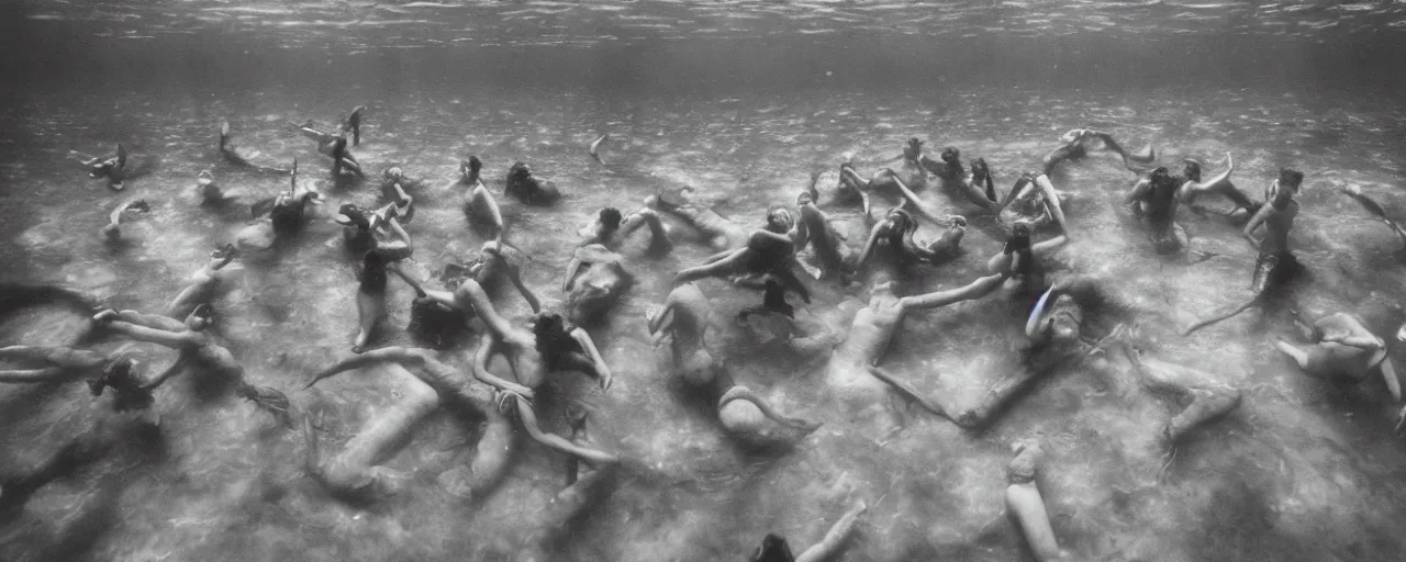 Image similar to an ultra wide in colour 3 5 mm film photo of gathering of half alien half human half mermaid hybrids, hunting underwater in a public swimming pool, liminal spaces, ritual occult gathering, film grain