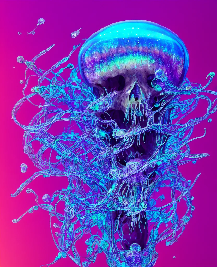 Image similar to close-up portrait of skull dichroic orchid jellyfish skull, betta fish, bioluminiscent creatures, intricate artwork by Tooth Wu and wlop and beeple. octane render, trending on artstation, greg rutkowski very coherent symmetrical artwork. cinematic, hyper realism, high detail, octane render, 8k