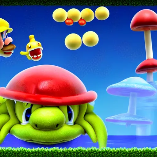 Image similar to hyper realistic super Mario eating mushrooms that take him to a parallel universe where giant mutated turtles eat anthropomorphic toadstools while they scream