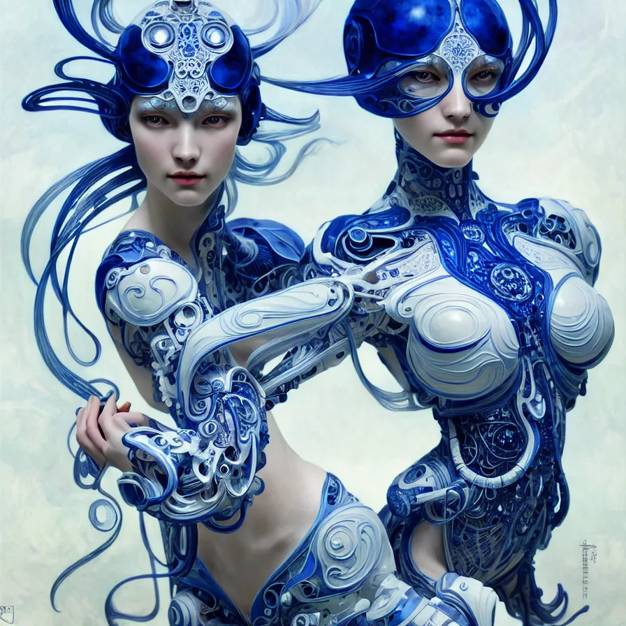 Prompt: organic cyborg, blue and white porcelain, diffuse lighting, fantasy, intricate, elegant, highly detailed, lifelike, photorealistic, digital painting, artstation, illustration, concept art, smooth, sharp focus, art by john collier and albert aublet and krenz cushart and artem demura and alphonse mucha