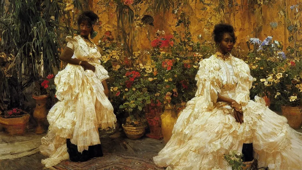 Image similar to high quality high detail painting by ilya repin, black woman in a white room with many plants, intricate costume design, orientalist, partially gold, ornate, elite, luxury, hd