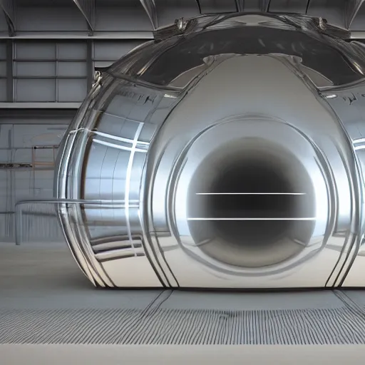 Image similar to big metallic capsule connected to pipelines, purpose is pump, standing in large industrial hall, designed by best engineers, raytracing, reflections