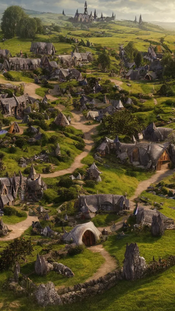 Prompt: a beautiful wide shot of hobbiton, middle earth, alan lee, fromsoftware, elden ring, dark souls, bloodborne, dark fantasy, realistic, highly detailed, 8 k, volumetric lighting, sinister lighting, detailed terrain, concept art, matte painting