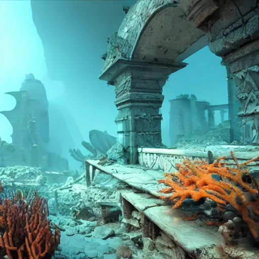 Image similar to 8 k hd detailed octane render of ruins of a sunken city under the sea