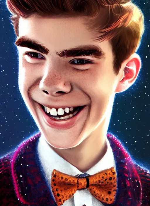 Image similar to portrait of teenage archie andrews, freckles, curly middle part haircut, curly hair, middle part hairstyle, smiling kindly, wearing a bowtie and sweater vest, intricate, elegant, glowing lights, highly detailed, digital painting, artstation, concept art, smooth, sharp focus, illustration, art by wlop, mars ravelo and greg rutkowski