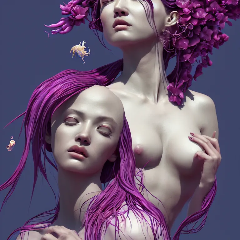 Image similar to goddess full painted acryllic sculpture close-up portrait. orchid bird phoenix jellyfish betta fish, intricate artwork by Tooth Wu and wlop and beeple. octane render, trending on artstation, greg rutkowski very coherent symmetrical artwork. cinematic, hyper realism, high detail, octane render, 8k