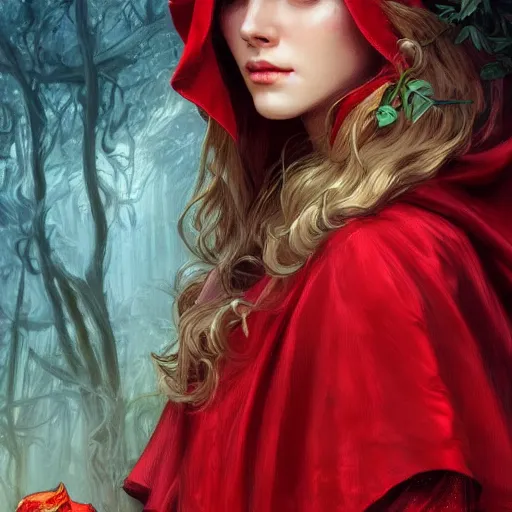 Image similar to Beautiful face Portrait of Little Red Riding Hood with a white panther, intricate, wild, highly detailed, digital painting, artstation, concept art, smooth, sharp focus, illustration, art by artgerm and greg rutkowski and alphonse mucha, footage from space camera