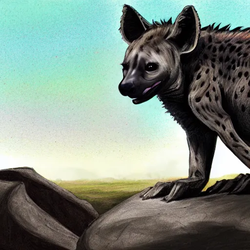 Image similar to concept art of an hyena standing on a rock looking out the horizon of the savana, realism, drawing