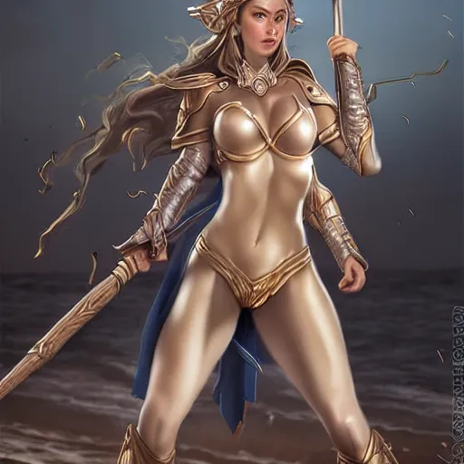 Image similar to fantasy woman with armor emerging from the sea holding a staff made with mother-of-pearl, by Artgerm, medium shot