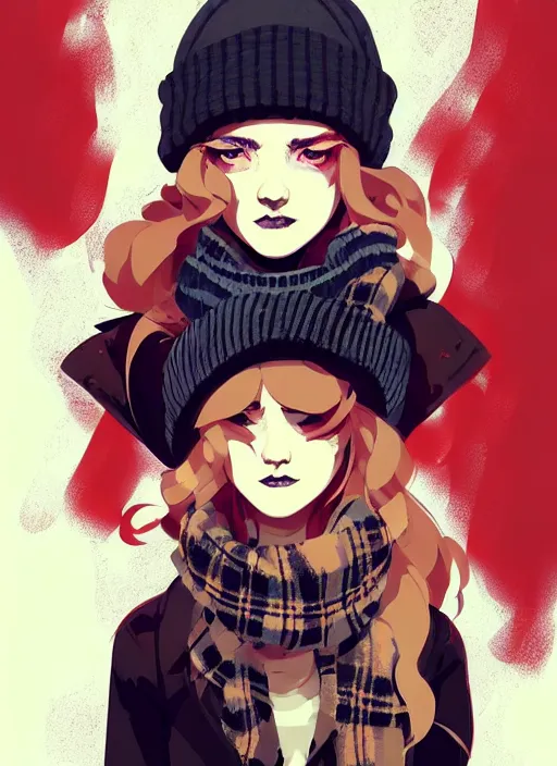 Image similar to highly detailed portrait of a sewer punk lady student, beanie, tartan scarf, wavy blonde hair by atey ghailan, by greg rutkowski, by greg tocchini, by james gilleard, by joe fenton, by kaethe butcher, gradient red, black, brown and cream color scheme, grunge aesthetic!!! white graffiti tag wall background