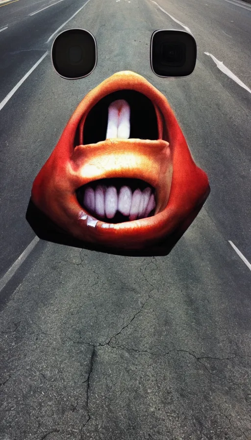 Prompt: phone photo of a giant mouth open on an asphalt road, realistic photo, gopro, looming, colorful, eerie