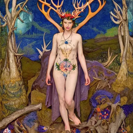 Image similar to queen of the forest wearing an antler crown, by Annie Swynnerton and Nicholas Roerich and (((Donato Giancola))), embroidered robes, floral tattoos, bioluminescent skin!, elaborate costume, geometric ornament, symbolist, soft colors, dramatic lighting, smooth, sharp focus, extremely detailed