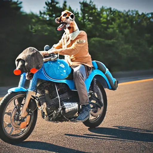 Image similar to blue heeler dog on a motorcycle, 8 k photography, blurred background of a wafflehouse