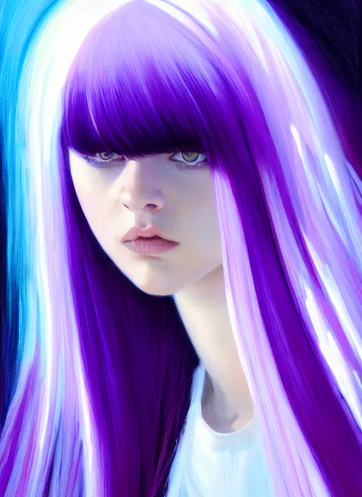 Image similar to hair whitebangs hair, black hair, blackbangswhitehair, portrait of teenage girl with white bangs, red irises, purple clothes, white bangs, bangs are different color from hair, intricate, elegant, glowing lights, highly detailed, digital painting, artstation, concept art, sharp focus, illustration, art by wlop, mars ravelo and greg rutkowski