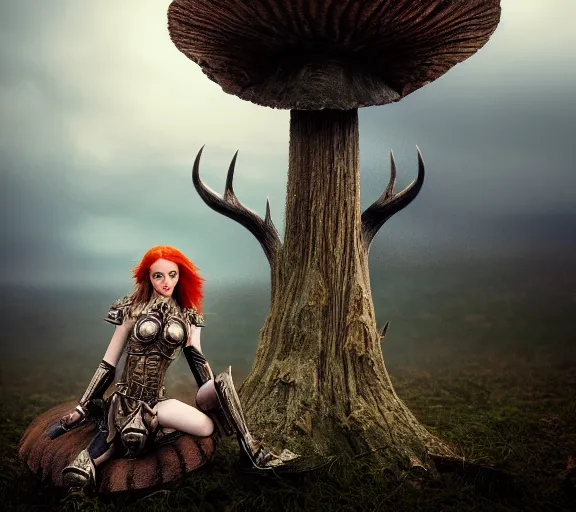 Image similar to a photo of an armored woman warrior redhead with antlers sitting facing backwards on a giant mushroom that covers a whole village and reaches above the clouds by luis royo. intricate. lifelike. soft light. sony a 7 r iv 5 5 mm. cinematic post - processing