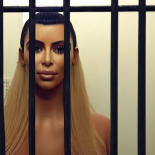 Image similar to real photo of a kim kardashian lookalike, behind bars. standing in jail cell