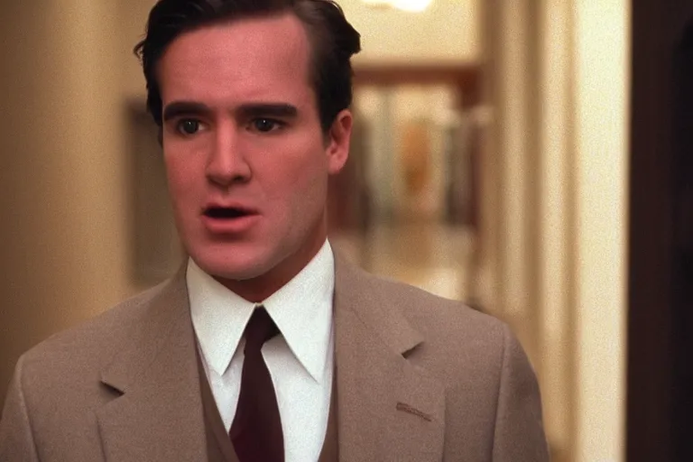 Image similar to cinematic still of chubby clean-shaven white man wearing chocolate brown suit and necktie in Casper (1995), XF IQ4, f/1.4, ISO 200, 1/160s, 8K, RAW, dramatic lighting, symmetrical balance, in-frame