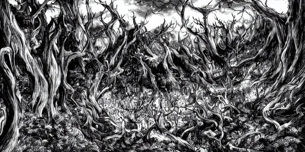 Image similar to illustration of a fantasy forest on the mountanside, monochrome, manga style, by Kentaro Miura, sharp, dramatic lighting