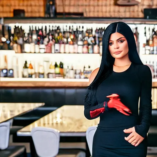 Image similar to kylie jenner working as a server in a poor restaurant, ultra detailed, dynamic light, photorealistic