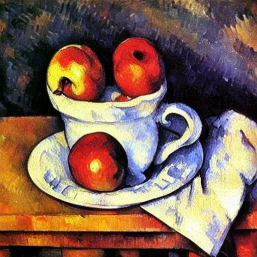 Prompt: Still life oil painting of an apple and a mug of coffee on a school desk, Paul Cezanne, 1895, award-winning, realistic, oil painting, dynamic lighting