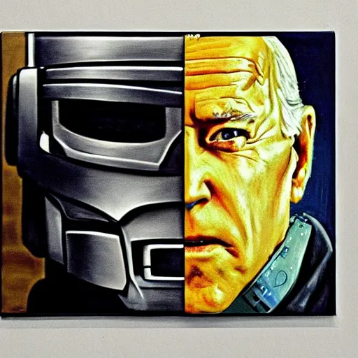 Image similar to joe biden as robocop, realistic oil painting, style of norman rockwell, 8 k, super sharp, ultra detail, rule of thirds,