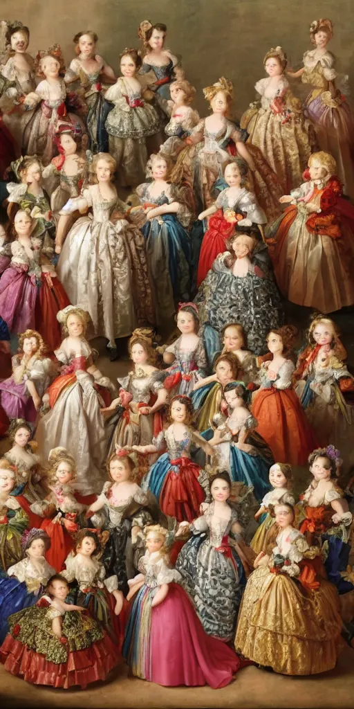 Image similar to Women in baroque dresses, standing in the middle of the room full of toys