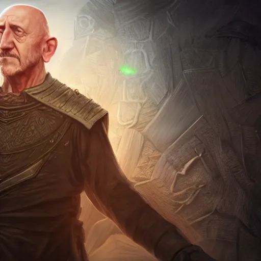 Prompt: mike ehrmantraut in love, dnd, ultra detailed fantasy, elden ring, realistic, dnd character portrait, full body, dnd, rpg, lotr game design fanart by concept art, behance hd, artstation, deviantart, global illumination radiating a glowing aura global illumination ray tracing hdr render in unreal engine 5
