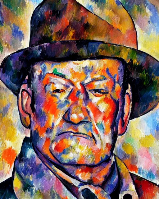 Prompt: abstracted John Wayne painted in extremely thick, muted impasto splatter paint, in muted colors, in impressionist style of Paul Cézanne