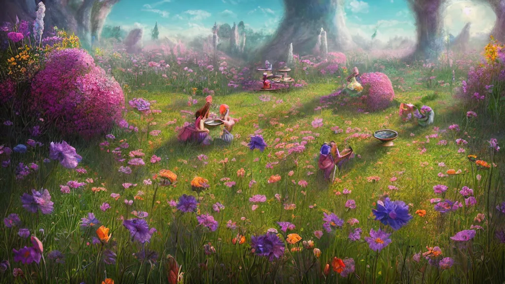 Prompt: a tea party in a field of flowers that ravages the landscape of an ancient civilization. by Ciryl Rolando, hyperrealistic illustration, digital art, studio lightning, art station