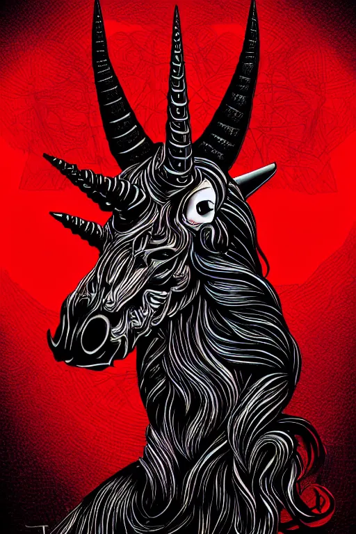 Image similar to satanic unicorn, symmetrical, highly detailed, digital art, sharp focus, trending on art station, red and black