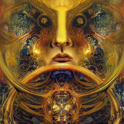 Image similar to Divine Chaos Engine by Karol Bak, Jean Deville, Gustav Klimt, and Vincent Van Gogh, celestial, visionary, sacred fractal structures, ornate gilded medieval icon, spirals