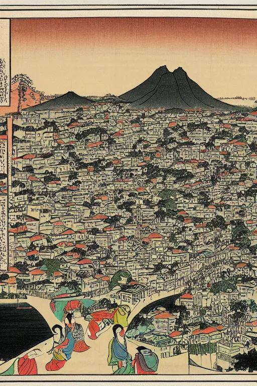 Image similar to An illustration of a famous view of Rio de Janeiro in the style of Utagawa Kunisada in high resolution.