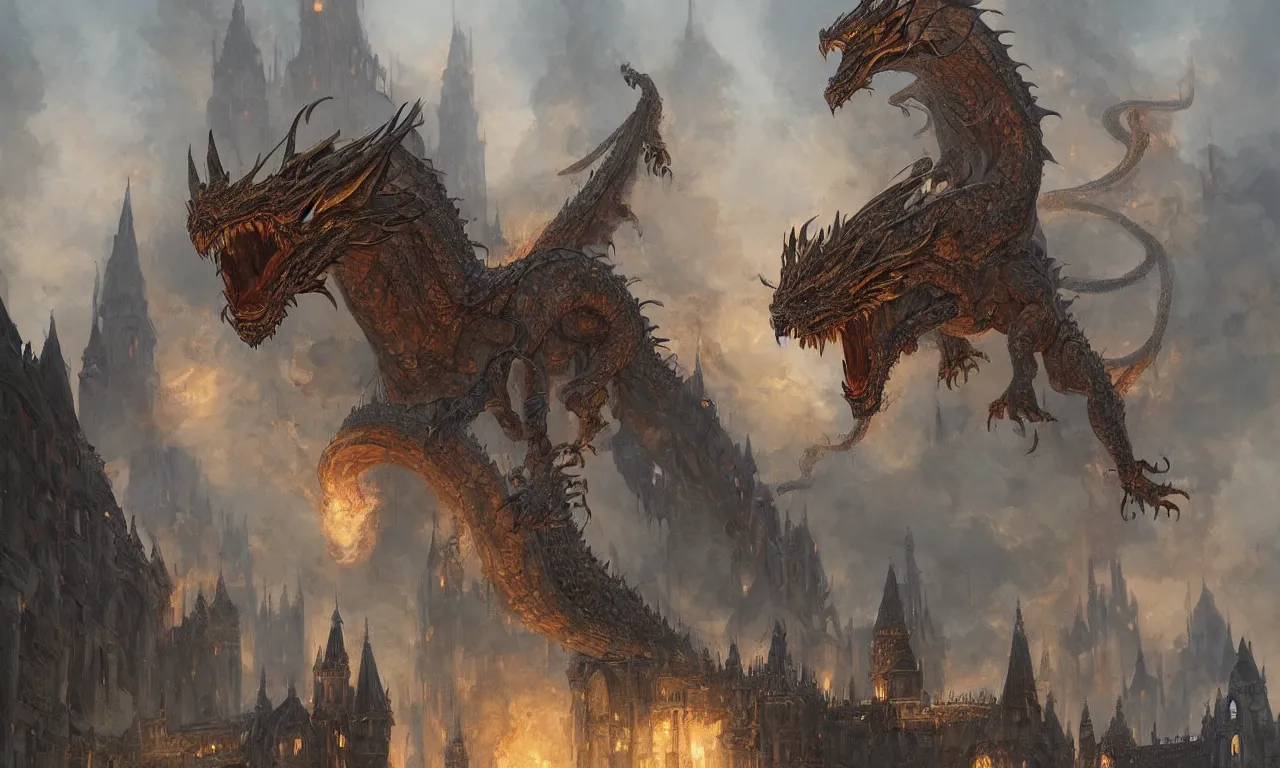 Image similar to dragon infront of a castle, illustration painting, oil on canvas, intricate, detailed illustration, hd, digital art, overdetailed art, concept art, detailed, illustration painting by greg rutkowski, digital art, overdetailed art, concept art,