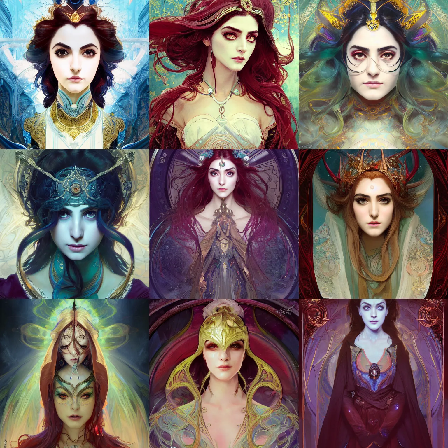 Prompt: masterpiece head-on symmetrical centered painted portrait, Maya Ali as Elden Ring Mage, wearing wizard robes, elegant, in the style of ROSSDRAWS and Ruan Jia and Ross Tran and Alphonse Mucha and Ayami Kojima and Charlie Bowater and Karol Bak and Jean Delville, pixar, maya engine, splash comics, global illumination lighting, rich bright colours