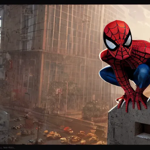 Image similar to spider - man sit on big raccoon, eating donuts, action scene, concept art, trending on artstation, highly detailed, intricate, sharp focus, digital art, 8 k