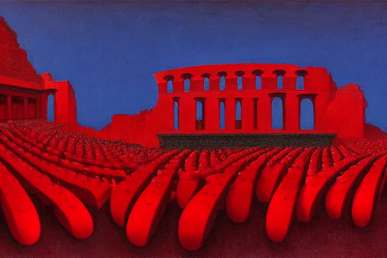 Image similar to only with red, a red great emperor, taormina amphitheatre, crowd with big smile, in the style of beksinski, parts by edward hopper, parts by rodcenko, parts by yue minjun, intricate and epic composition, red by caravaggio, insanely quality, highly detailed, masterpiece, red light, artstation, 4 k