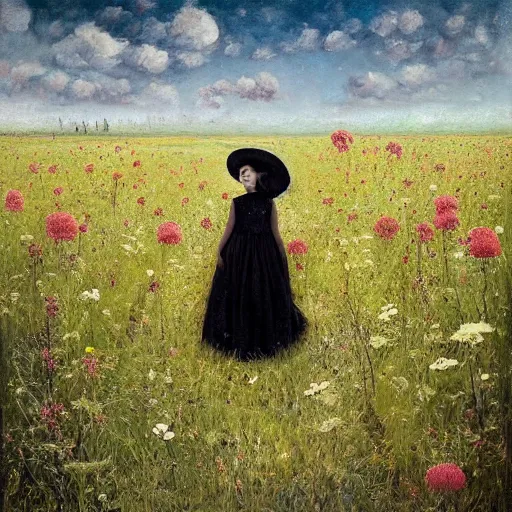 Image similar to a girl standing in a field, wearing black old dress and hat, by andrea kowch, andrea kowch style painting, dark, scene, magicrealism, flowers in background,