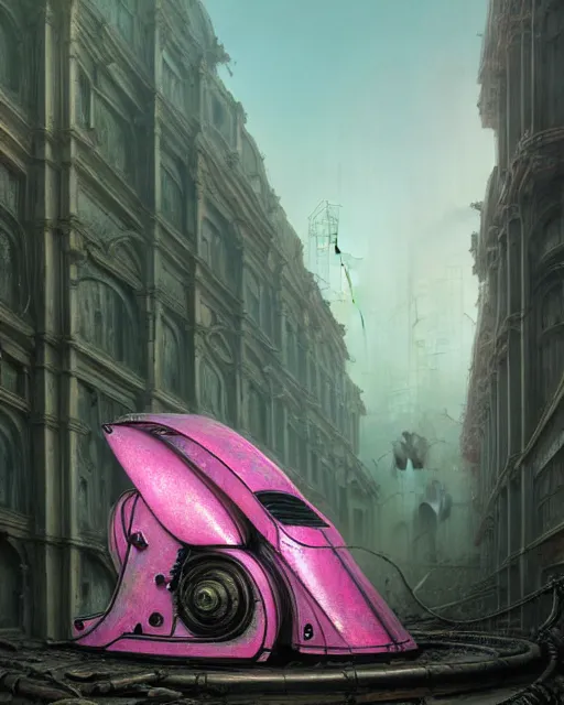 Image similar to hyperrealistic hyperdetailed rococo mecha iridescent pink coming out of dystopian city ruins concept art santiago caruso de chirico sharp very dramatic green light 8k low angle shallow depth of field