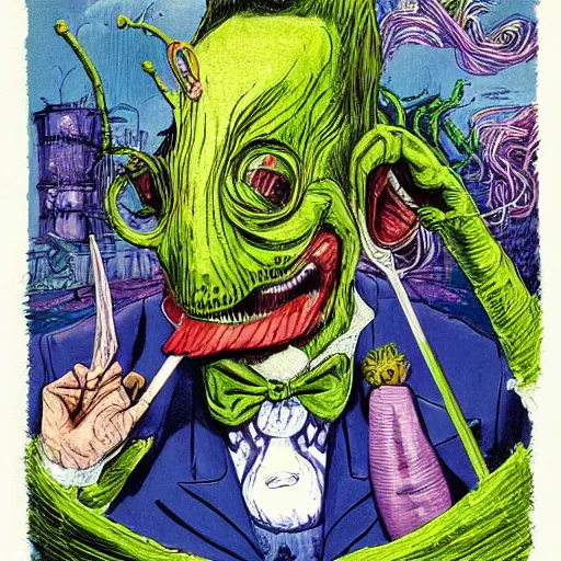 Image similar to graphic illustration, creative design, willy wonka as cthulhu, biopunk, by ralph steadman, francis bacon, hunter s thompson, highly detailed, concept art