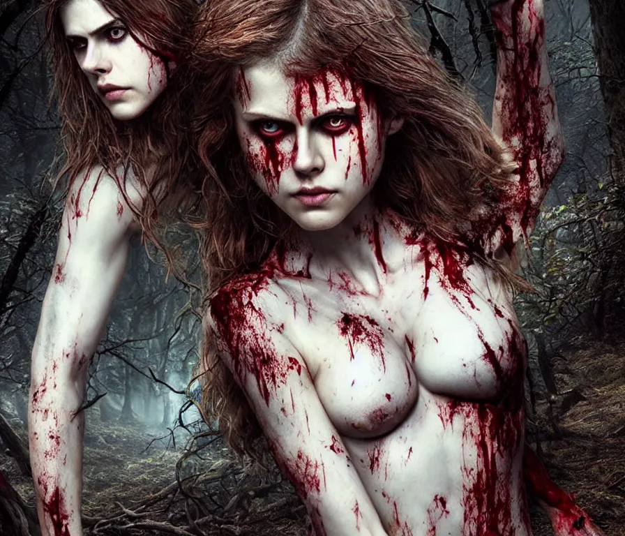 Image similar to photo of a gorgeous nordic female, covered in blood, in dark forest, alexandra daddario face!, realistic, sharp focus, hdr, 8 k, high definition, insanely detailed, intricate, elegant, art by stanley lau and artgerm, luis royo, greg kutkowski