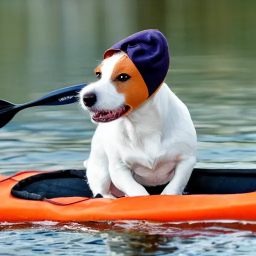 Prompt: photorealistic jack russel in a kayak wearing a scottish bunnet
