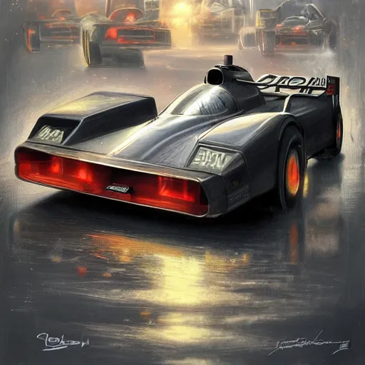 Image similar to a formula 1 from the future, nuclear powered, racing with doc's delorean detailed, artstation, concept art, donato giancola, joseph christian leyendecker, wlop, strong eyes, highest resolution, extremely detailed | beautiful, establishing shot, artistic, hyperrealistic, enhanced hands, octane render