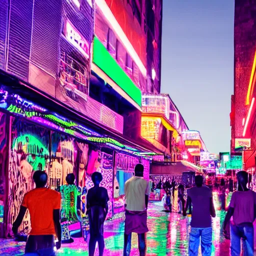 Prompt: ndebele cyberpunk city of the future, bustling street scene, ndebele neon lights, ndebele fashion, high definition, detailed, futuristic, night scene, realistic