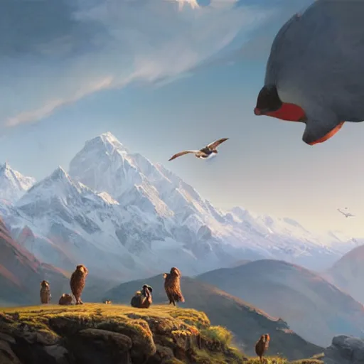 Prompt: Crowd surrounds giant duck flying over mountains, mountain landscape, Himalayas, 4k, art by Greg Rutkowski