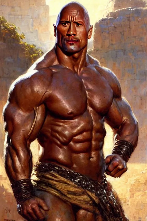 Prompt: Dwayne Johnson as gladiator, muscular, detailed face, correct face, painting by Gaston Bussiere, Craig Mullins